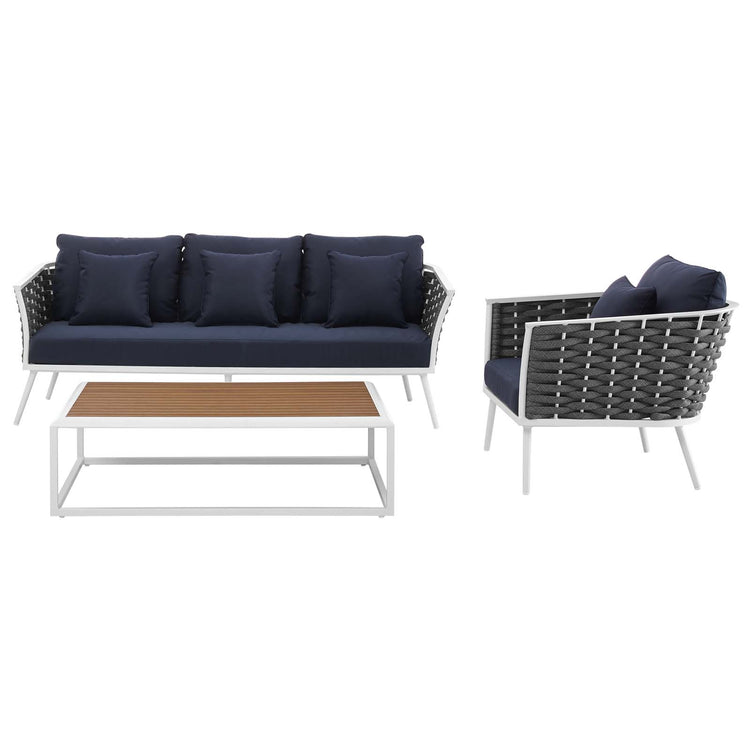 Stance 3 Piece Outdoor Patio Aluminum Sectional Sofa Set - White Navy