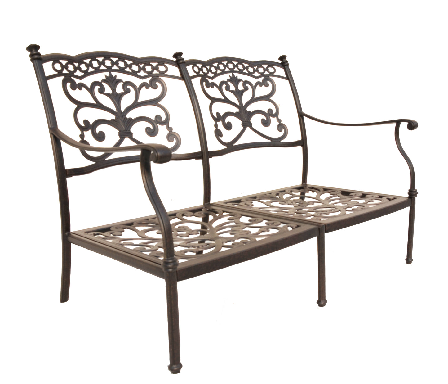 Cast aluminum outdoor loveseat with gray olefin cushions — frame detail 5