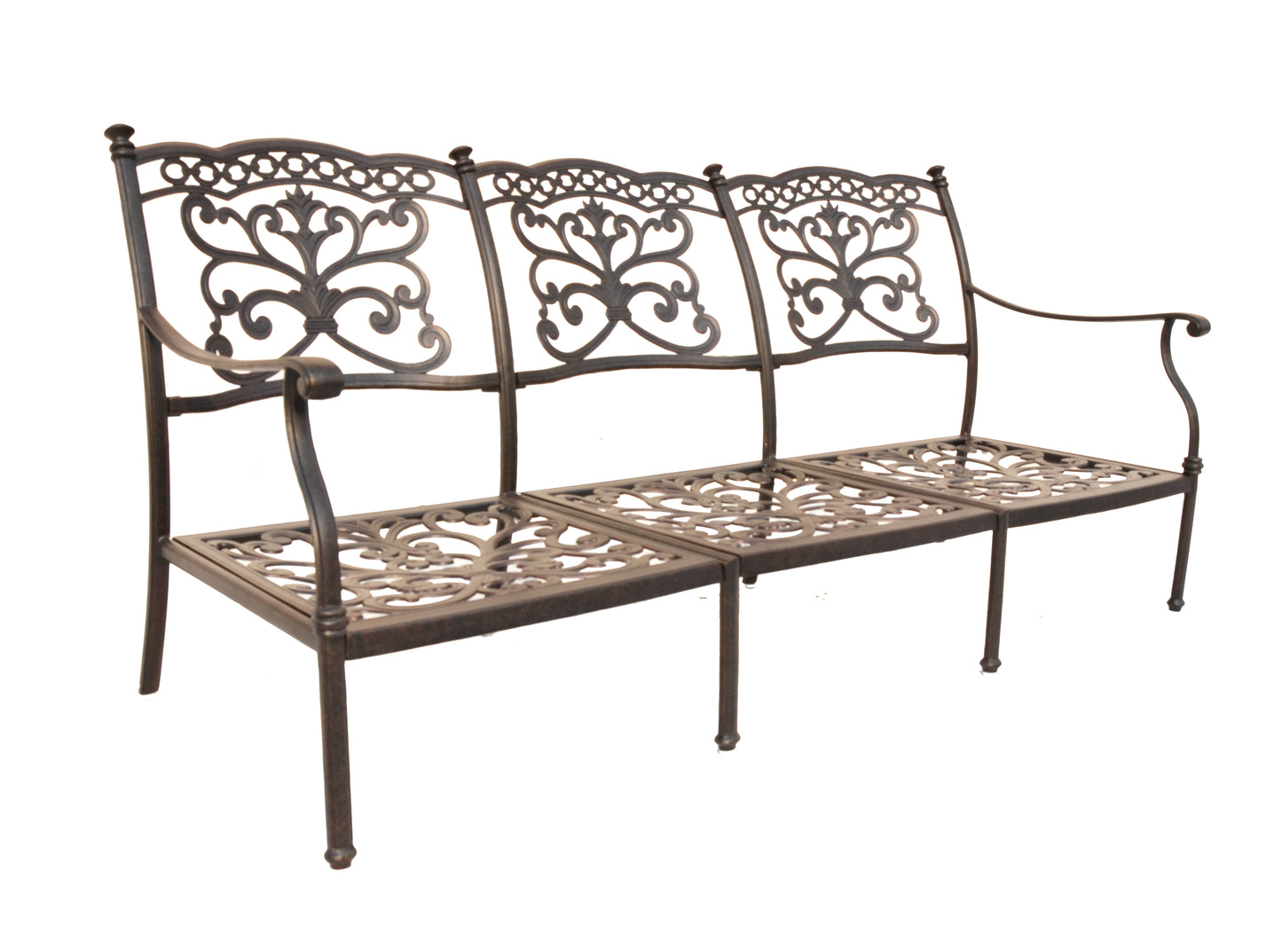 Cast aluminum outdoor sofa with gray olefin cushions — frame detail 5