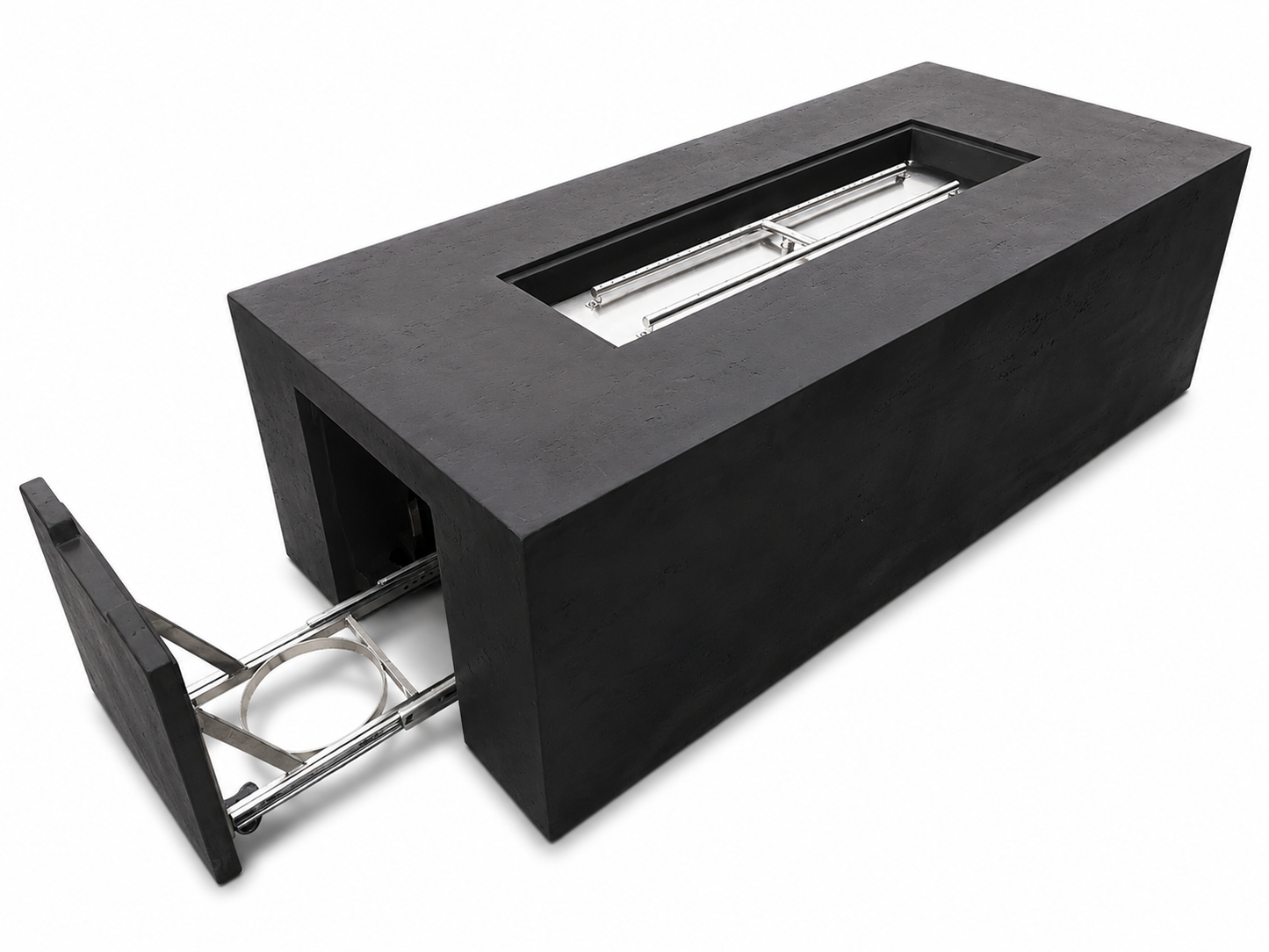 JRC72T Black concrete fire pit — hidden propane tank compartment | Jr's Patio