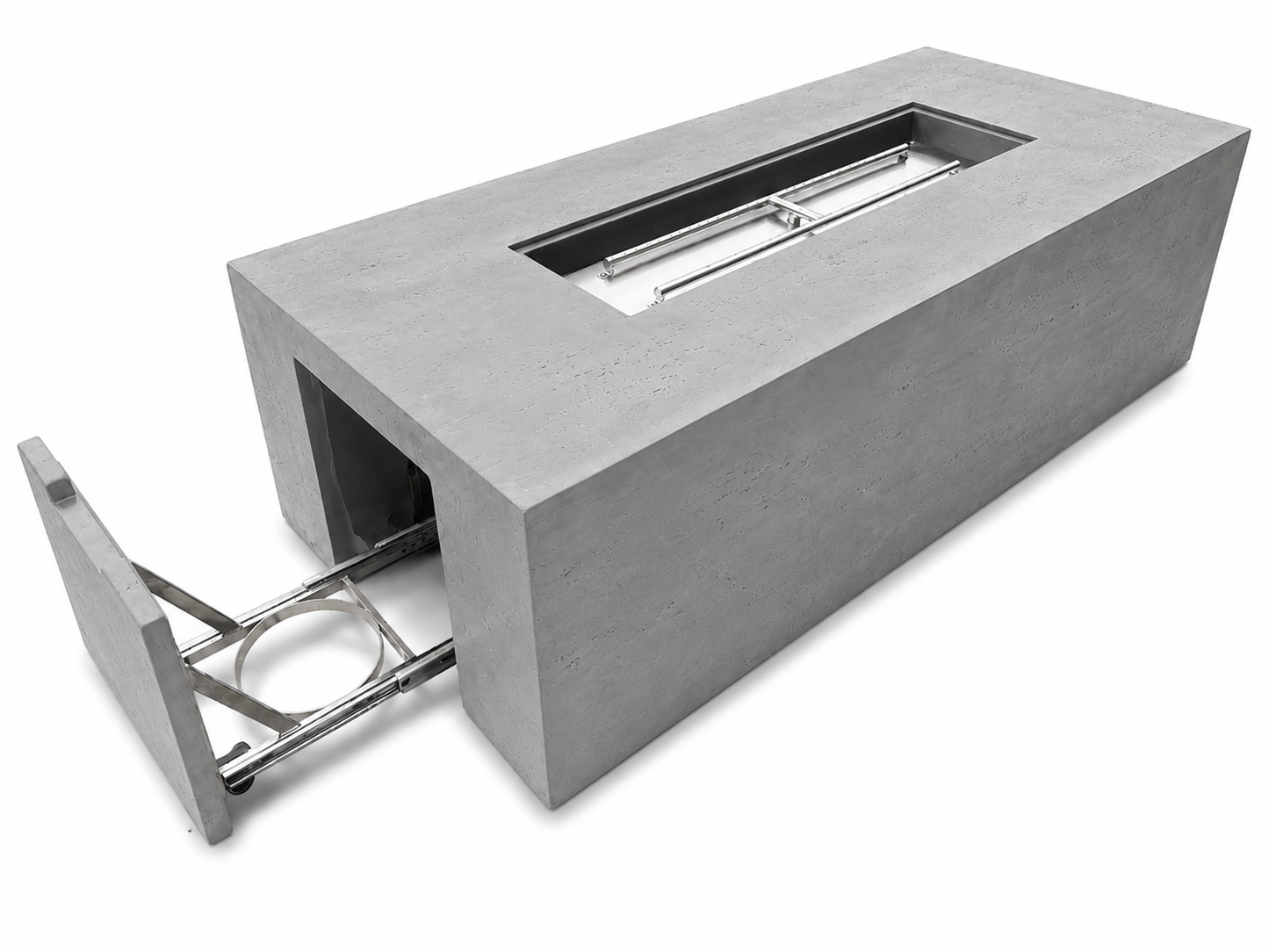 JRC72T Gray concrete fire pit — hidden propane tank compartment | Jr's Patio