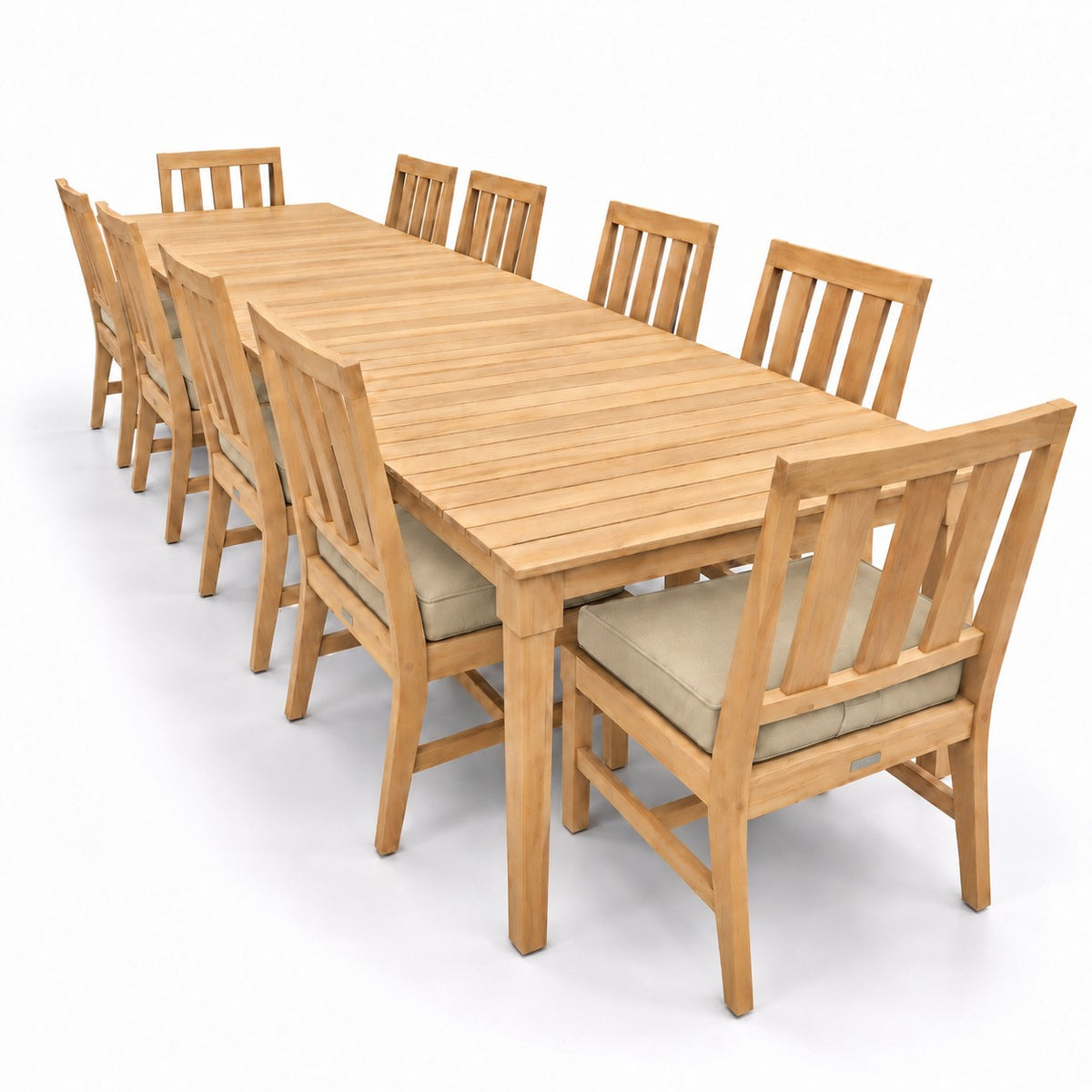 Mila Teak Dining Set – 12 Piece in Sunbrella 48019 Spectrum Sand | Jr's Patio San Diego