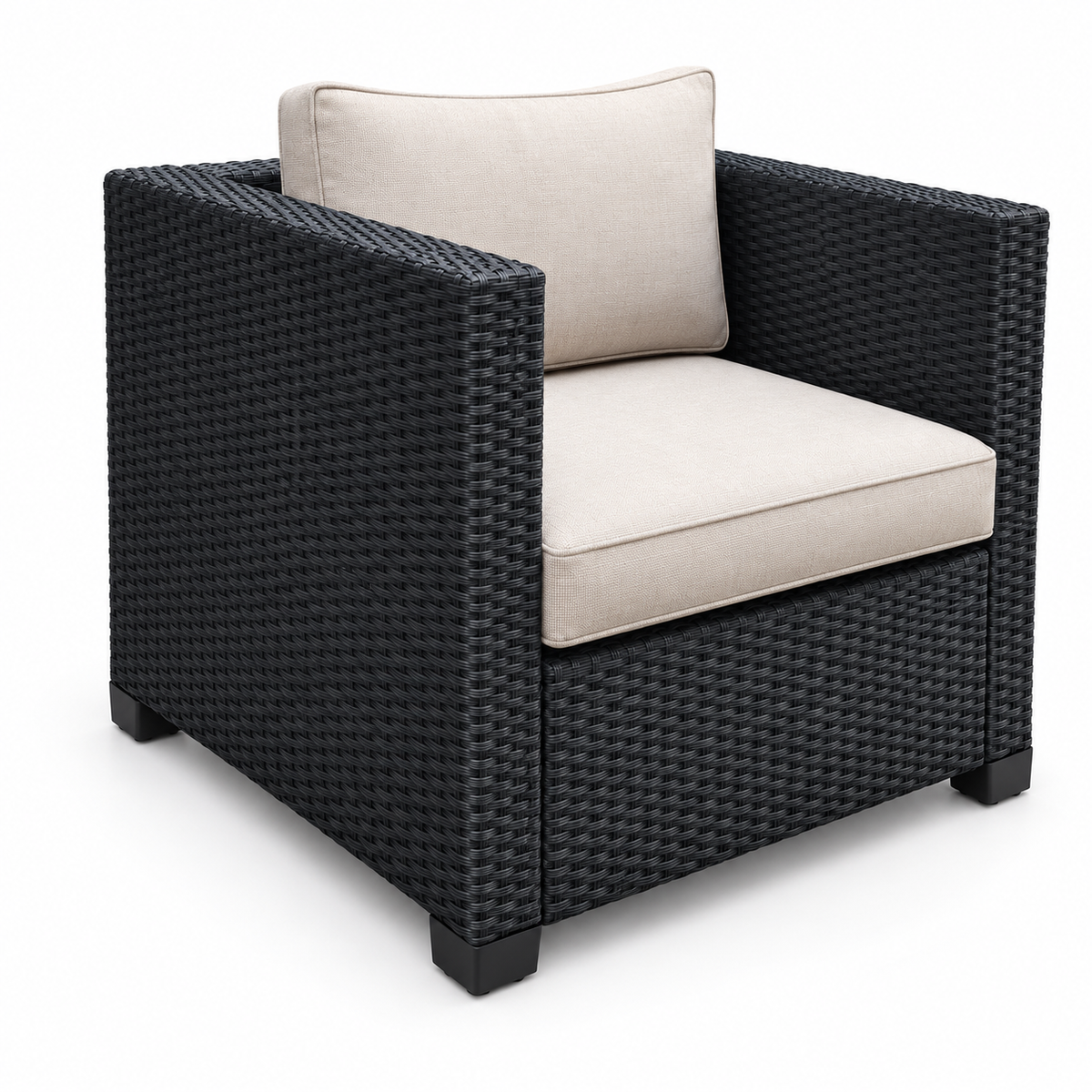 Essential Black Wicker Loveseat & 2 Chairs Set with light beige cushions | Jr's Patio San Diego