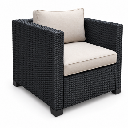 Essential Black Wicker Loveseat & 2 Chairs Set with light beige cushions | Jr's Patio San Diego