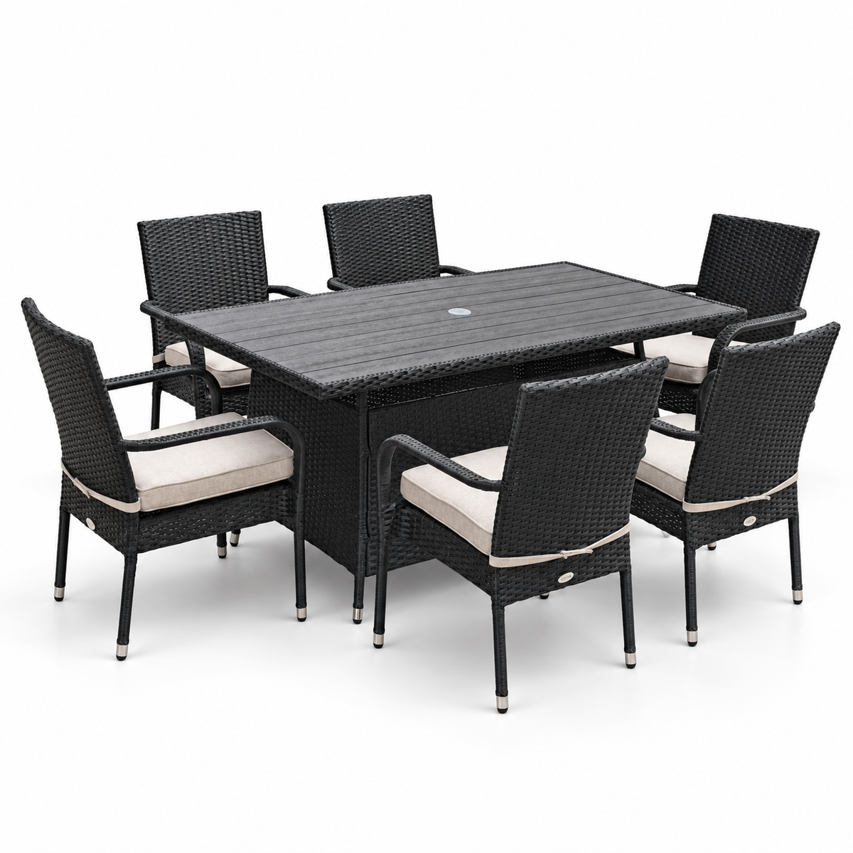 Essential Black Wicker 7-Piece Dining Set with light beige cushions | Jr's Patio San Diego