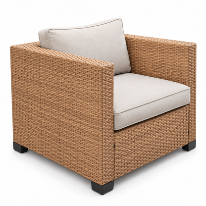 Essential Tan Wicker Loveseat & 2 Chairs Set with light beige cushions | Jr's Patio San Diego