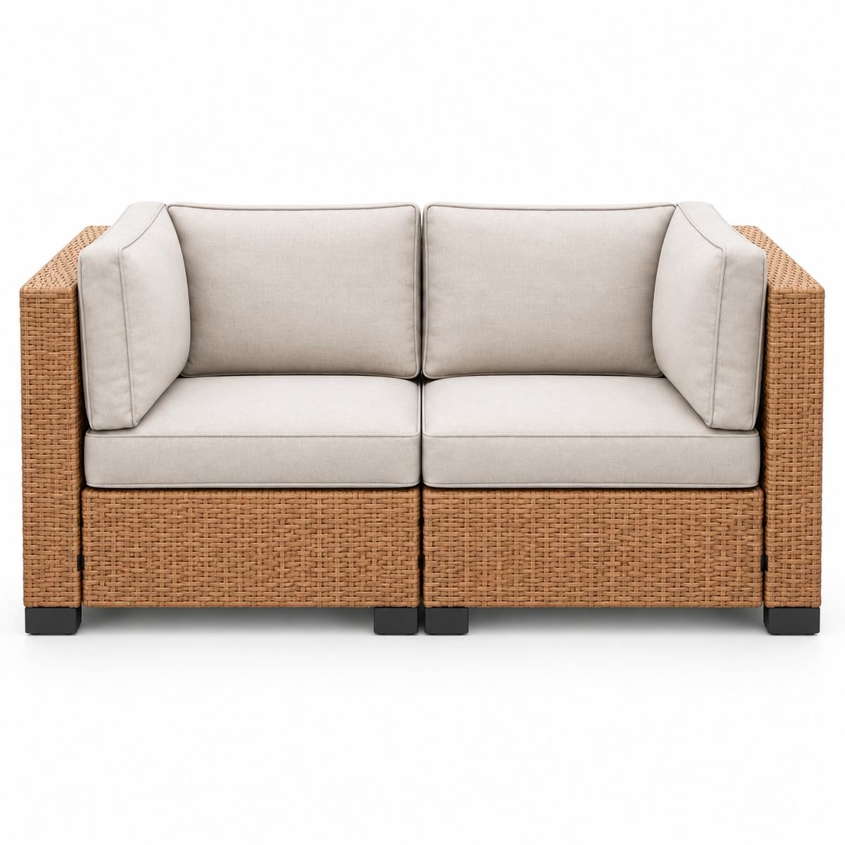 Essential Tan Wicker Loveseat & 2 Chairs Set with light beige cushions | Jr's Patio San Diego