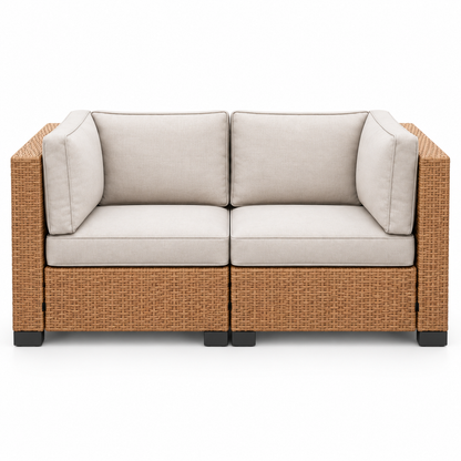 Essential Tan Wicker Loveseat & 2 Chairs Set with light beige cushions | Jr's Patio San Diego