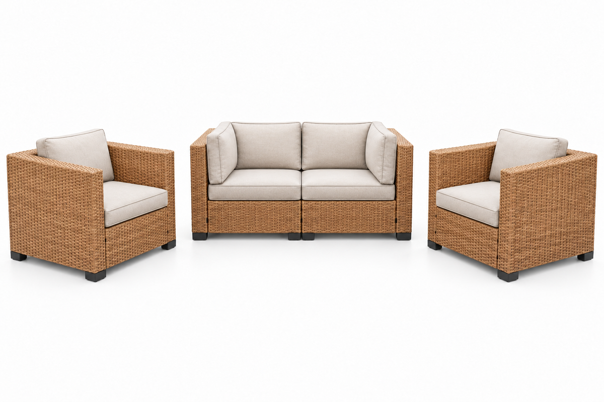 Essential Tan Wicker Loveseat & 2 Chairs Set with light beige cushions | Jr's Patio San Diego