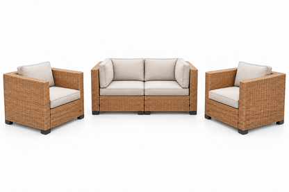 Essential Tan Wicker Loveseat & 2 Chairs Set with light beige cushions | Jr's Patio San Diego