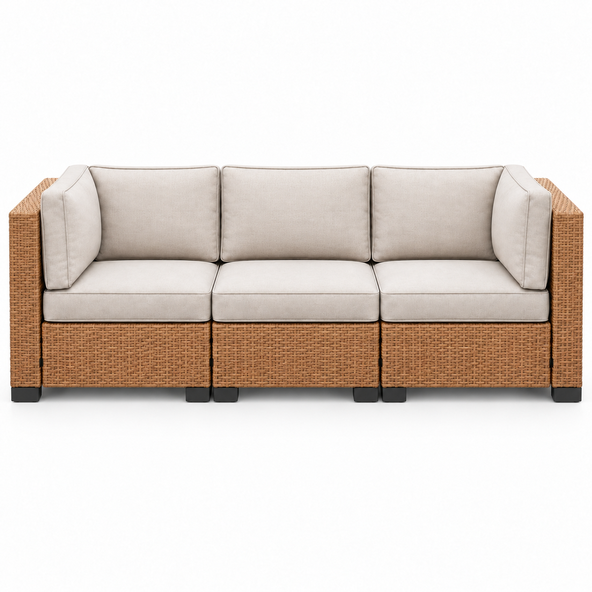 Essential Tan Wicker Sofa with light beige cushions | Jr's Patio San Diego