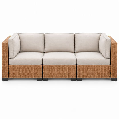 Essential Tan Wicker Sofa with light beige cushions | Jr's Patio San Diego