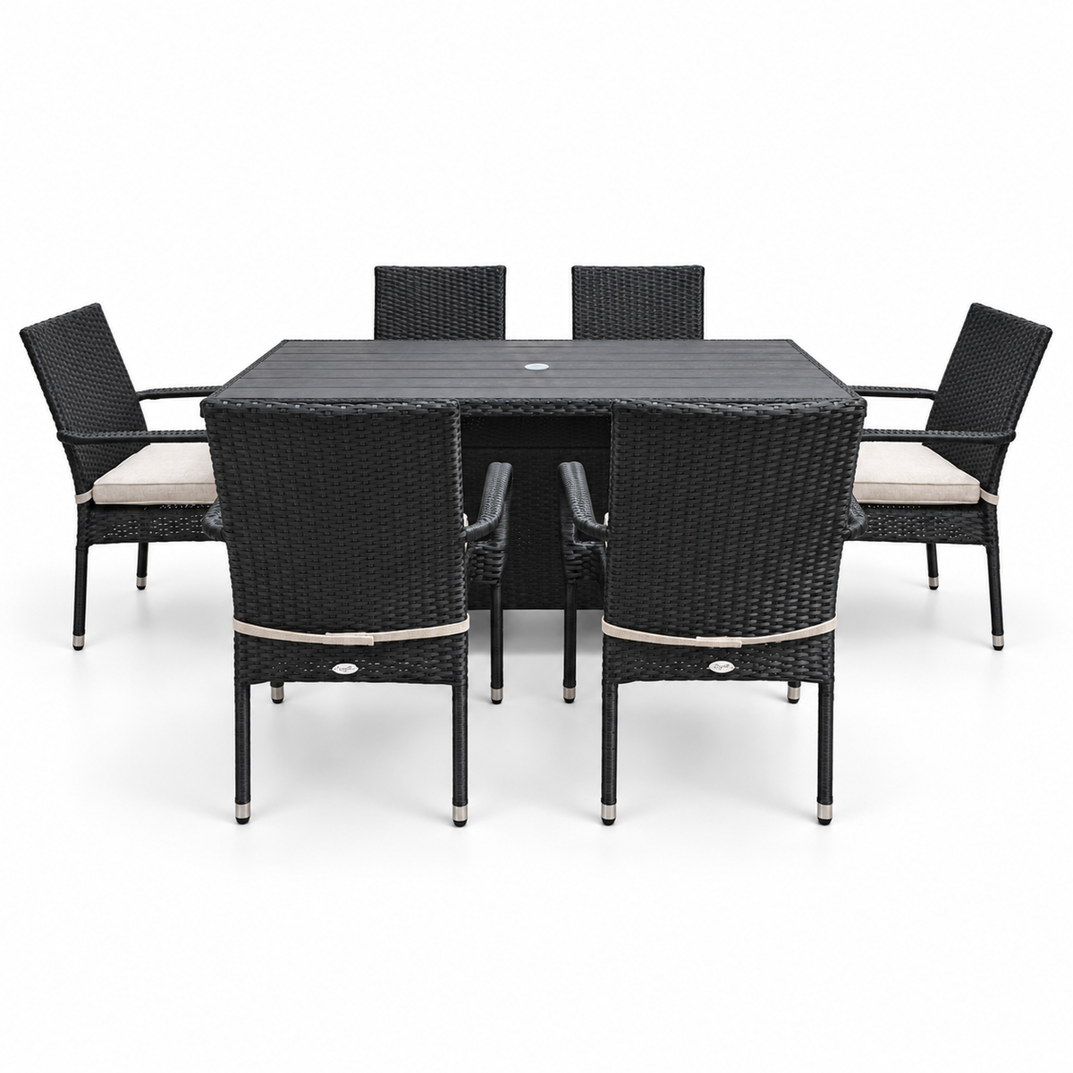 Essential Black Wicker 7-Piece Dining Set with light beige cushions | Jr's Patio San Diego