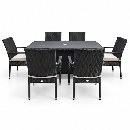 Essential Black Wicker 7-Piece Dining Set with light beige cushions | Jr's Patio San Diego