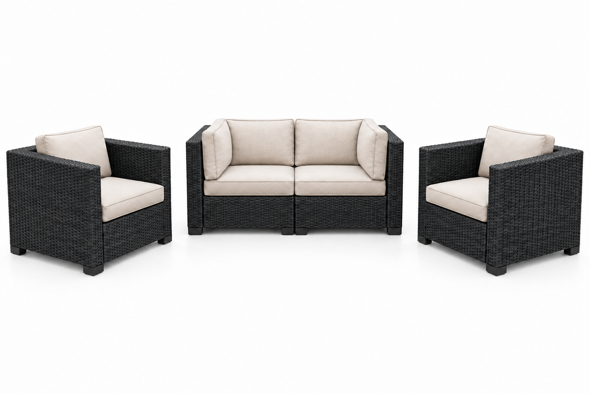 Essential Black Wicker Loveseat & 2 Chairs Set with light beige cushions | Jr's Patio San Diego
