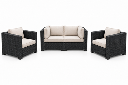 Essential Black Wicker Loveseat & 2 Chairs Set with light beige cushions | Jr's Patio San Diego