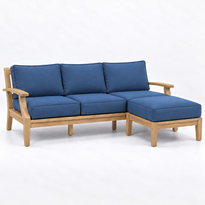 Mila Teak Outdoor Sofa & Ottoman Set – 2 Piece in Sunbrella 48080 Spectrum Indigo | Jr's Patio San Diego