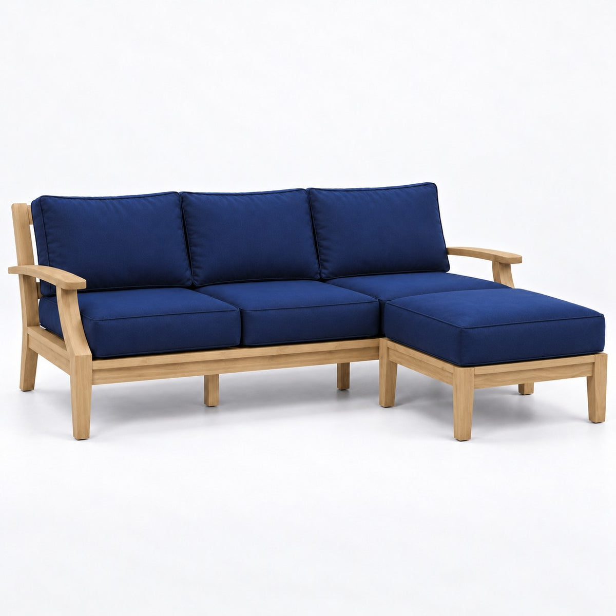 Mila Teak Outdoor Sofa & Ottoman Set – 2 Piece in Sunbrella 5439 Canvas Navy | Jr's Patio San Diego