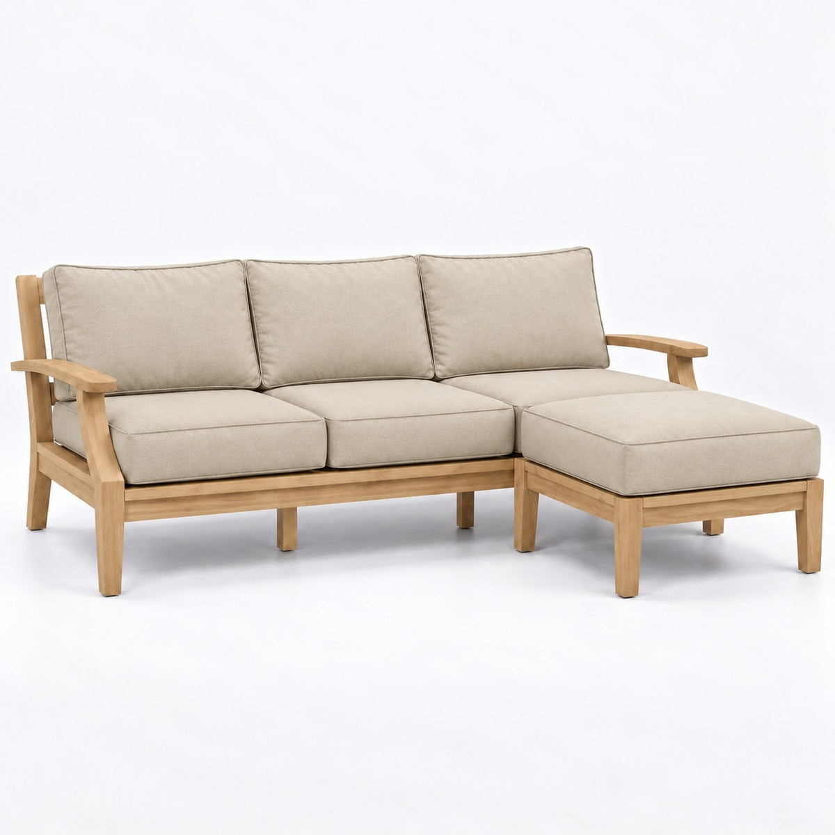 Mila Teak Outdoor Sofa & Ottoman Set – 2 Piece in Sunbrella 5492 Canvas Flax | Jr's Patio San Diego