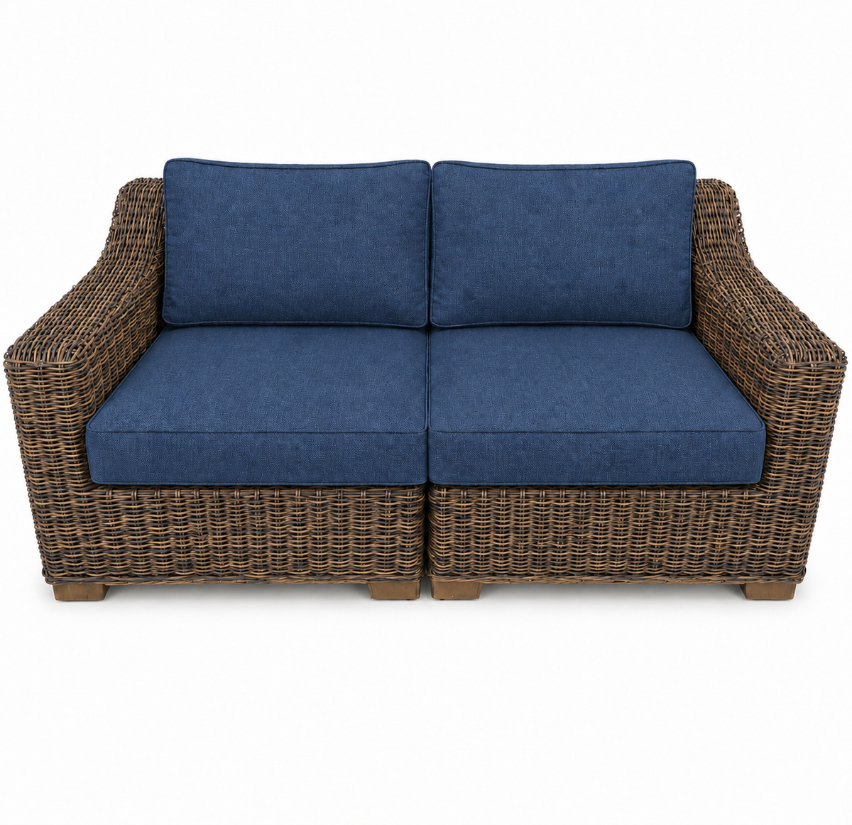 Seacoast – Outdoor Loveseat in brown wicker, Spectrum Indigo (48080)