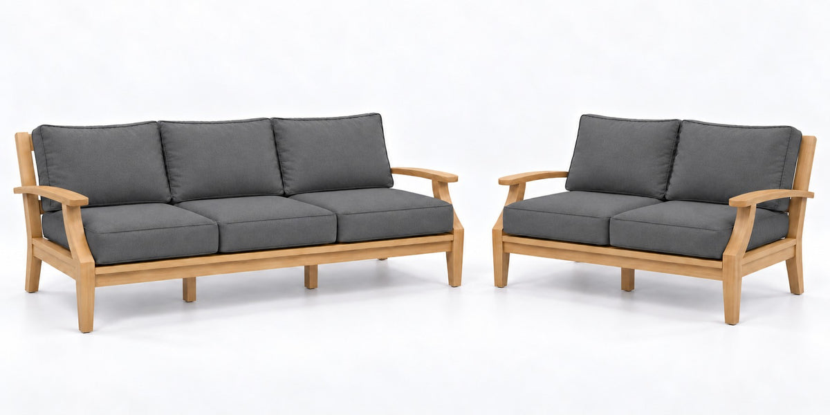 Mila Teak Outdoor Sofa & Loveseat Lounge Set – 2 Piece in Sunbrella 40434 Cast Slate | Jr's Patio San Diego
