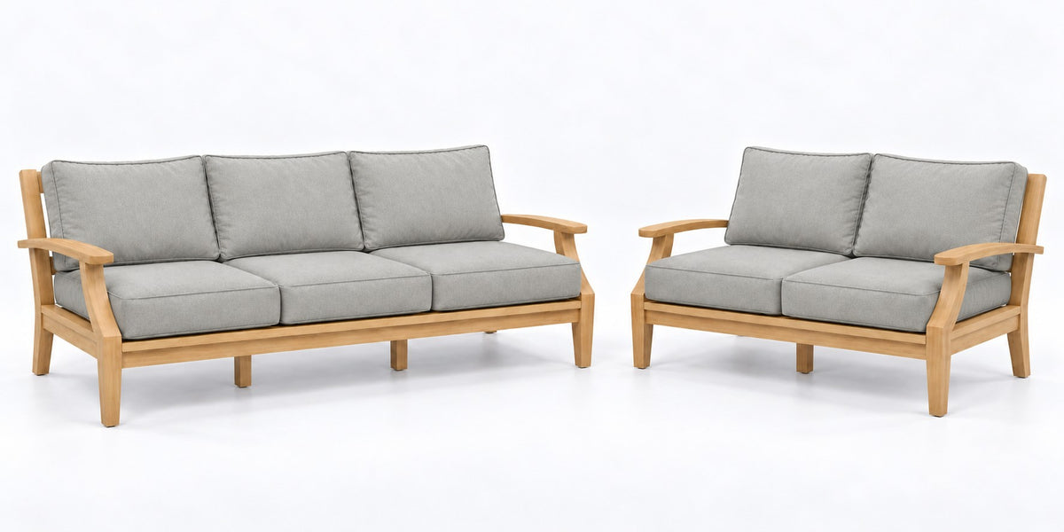 Mila Teak Outdoor Sofa & Loveseat Lounge Set – 2 Piece in Sunbrella 5402 Canvas Granite | Jr's Patio San Diego