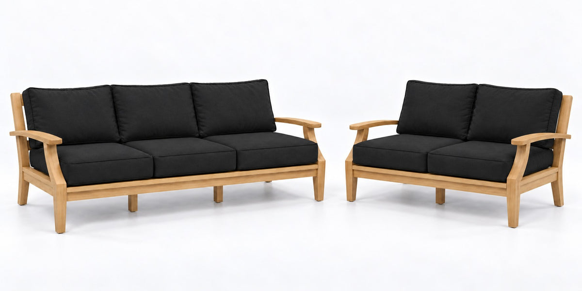 Mila Teak Outdoor Sofa & Loveseat Lounge Set – 2 Piece in Sunbrella 5408 Canvas Black | Jr's Patio San Diego