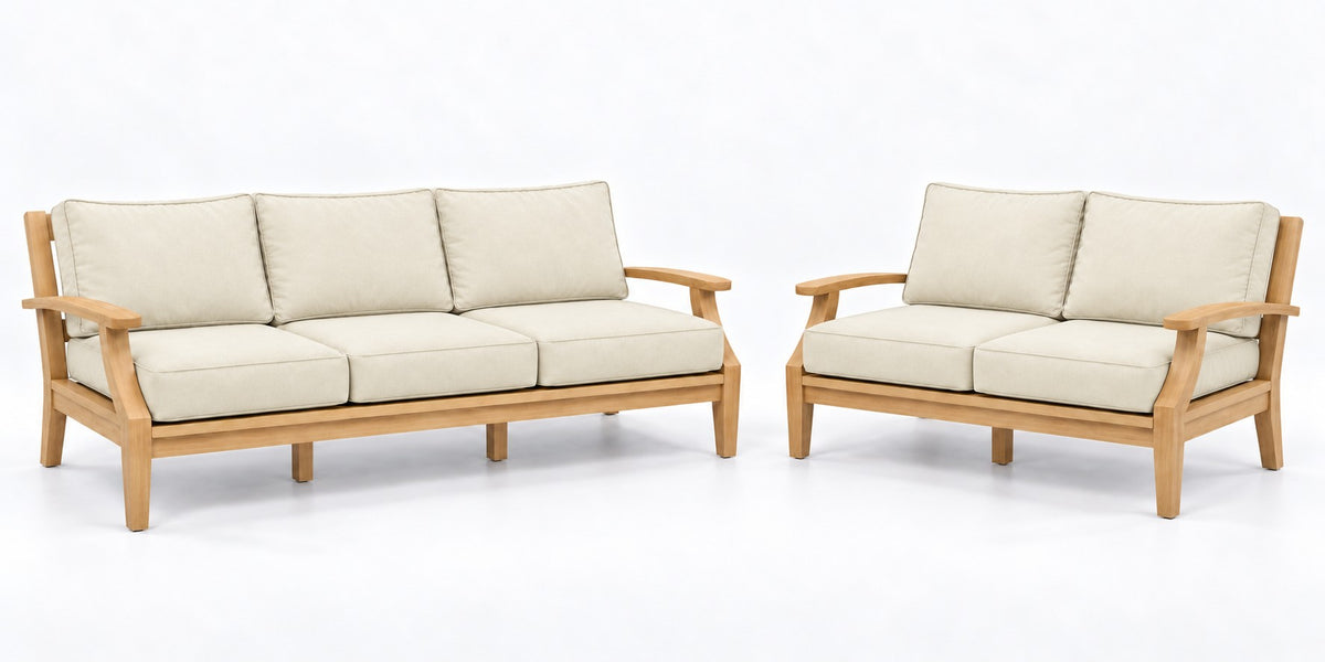 Mila Teak Outdoor Sofa & Loveseat Lounge Set – 2 Piece in Sunbrella 5453 Canvas Canvas | Jr's Patio San Diego