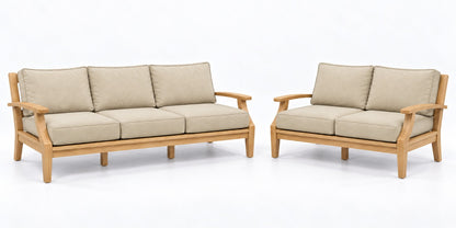 Mila Teak Outdoor Sofa & Loveseat Lounge Set – 2 Piece in Sunbrella 5492 Canvas Flax | Jr's Patio San Diego
