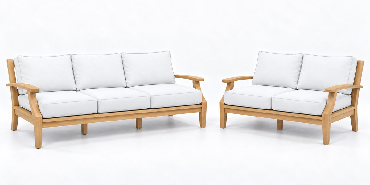 Mila Teak Outdoor Sofa & Loveseat Lounge Set – 2 Piece in Olefin White | Jr's Patio San Diego