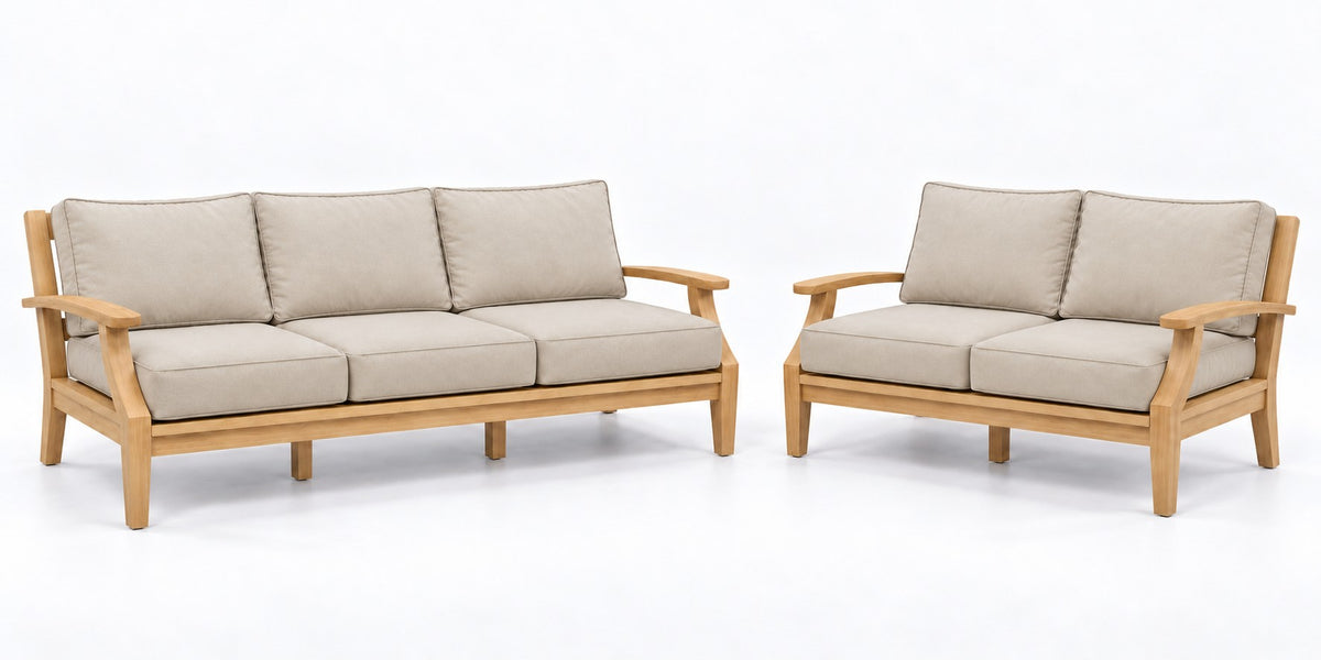 Mila Teak Outdoor Sofa & Loveseat Lounge Set – 2 Piece in Olefin Beige | Jr's Patio San Diego