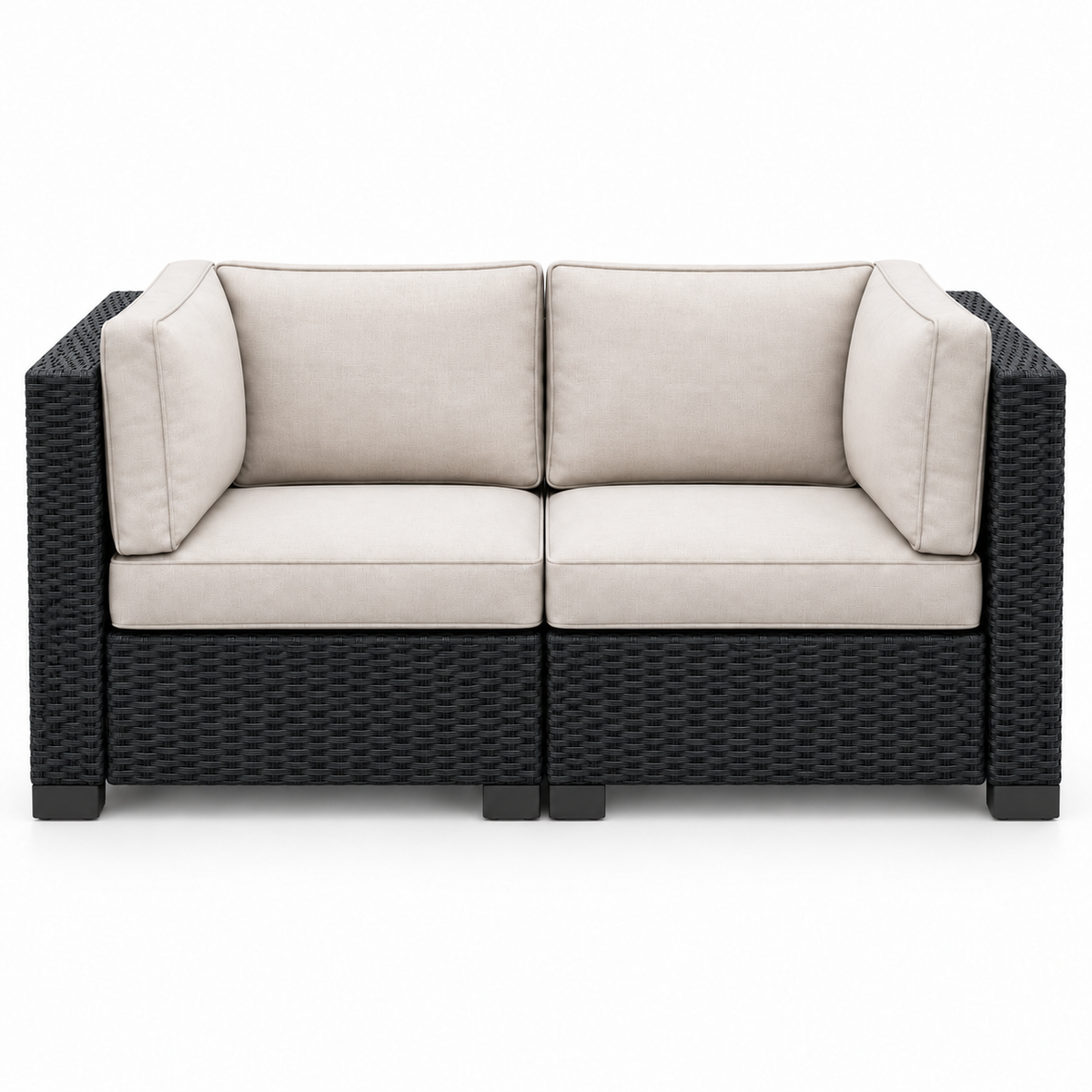 Essential Black Wicker Loveseat & 2 Chairs Set with light beige cushions | Jr's Patio San Diego