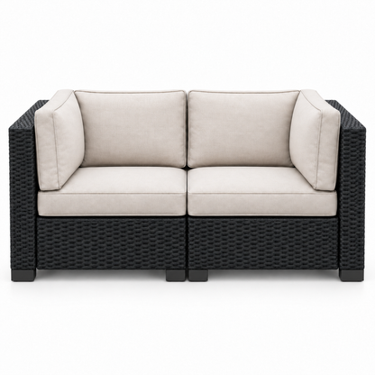 Essential Black Wicker Loveseat & 2 Chairs Set with light beige cushions | Jr's Patio San Diego
