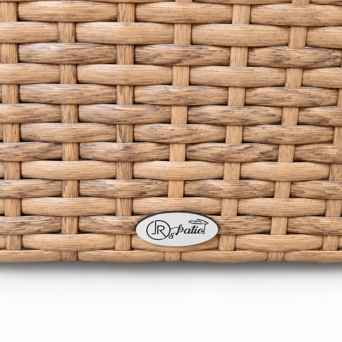 Essential Wicker Sofa – Essential Tan Wicker Armless Weave Logo Close Up | Jr's Patio San Diego