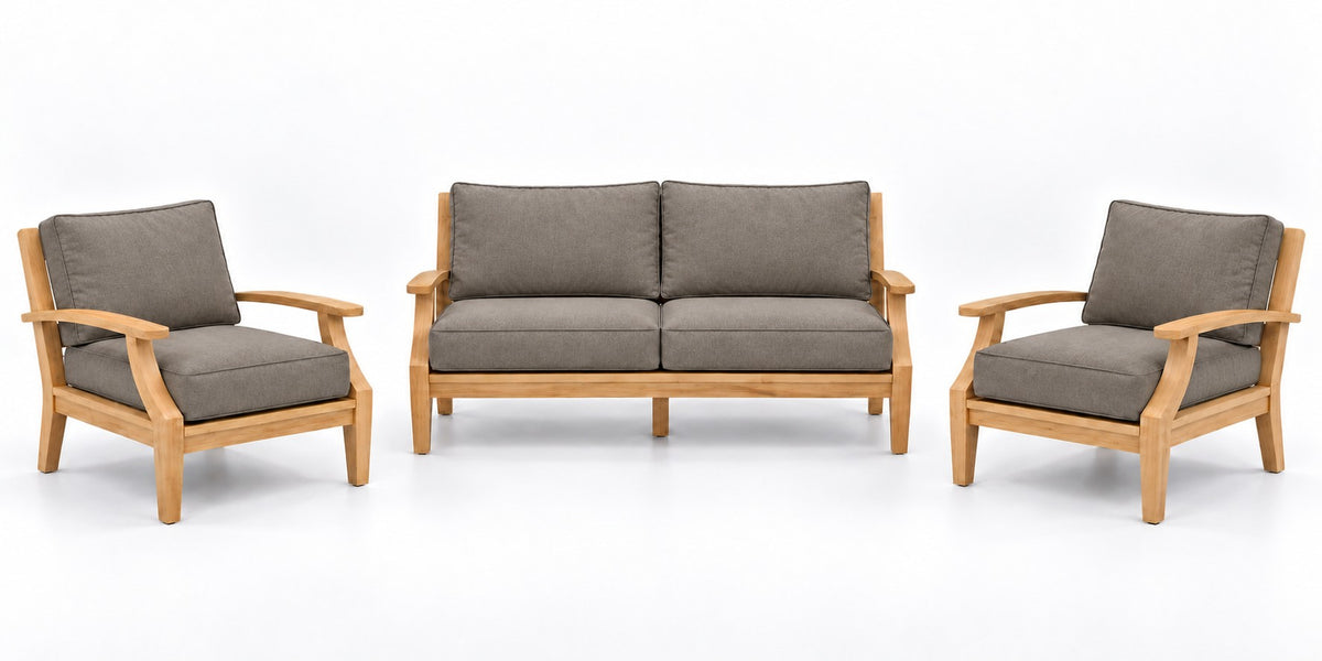 Mila Teak Outdoor Lounge Set – 3 Piece in Sunbrella 40432 Cast Shale | Jr's Patio San Diego