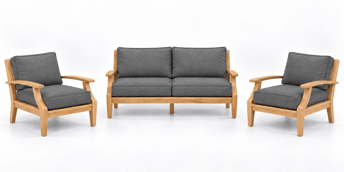 Mila Teak Outdoor Lounge Set – 3 Piece in Sunbrella 40434 Cast Slate | Jr's Patio San Diego