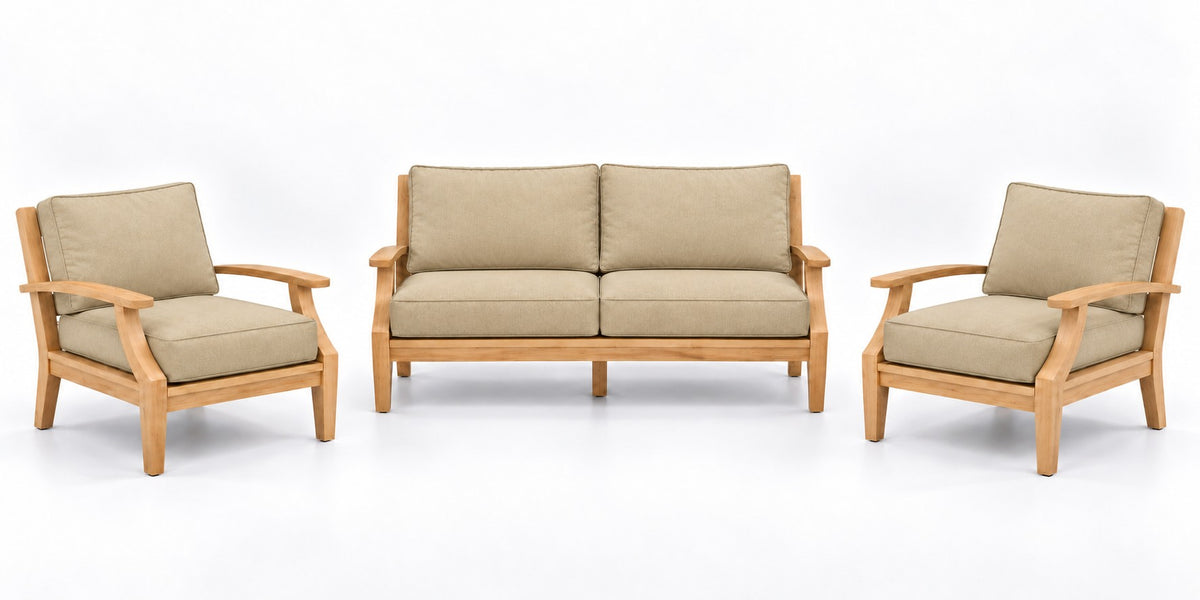 Mila Teak Outdoor Lounge Set – 3 Piece in Sunbrella 48019 Spectrum Sand | Jr's Patio San Diego