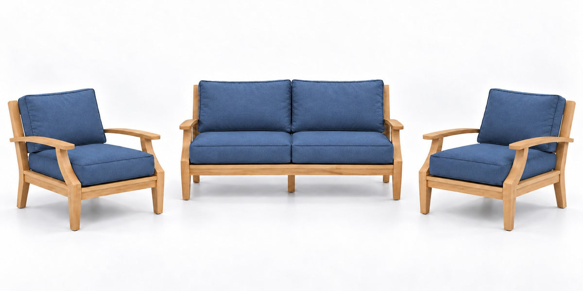 Mila Teak Outdoor Lounge Set – 3 Piece in Sunbrella 48080 Spectrum Indigo | Jr's Patio San Diego