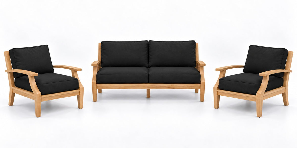 Mila Teak Outdoor Lounge Set – 3 Piece in Sunbrella 5408 Canvas Black | Jr's Patio San Diego