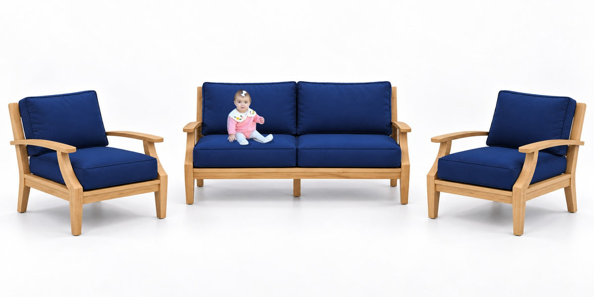 Mila Teak Outdoor Lounge Set – 3 Piece in Sunbrella 5439 Canvas Navy | Jr's Patio San Diego