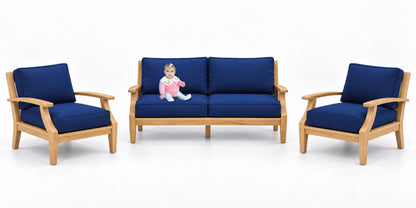 Mila Teak Outdoor Lounge Set – 3 Piece in Sunbrella 5439 Canvas Navy | Jr's Patio San Diego