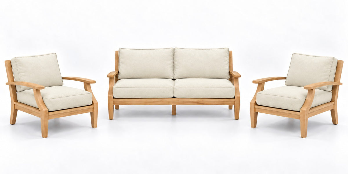 Mila Teak Outdoor Lounge Set – 3 Piece in Sunbrella 5453 Canvas Canvas | Jr's Patio San Diego