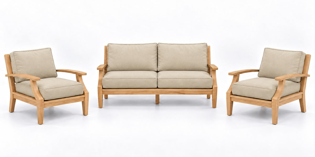 Mila Teak Outdoor Lounge Set – 3 Piece in Sunbrella 5492 Canvas Flax | Jr's Patio San Diego