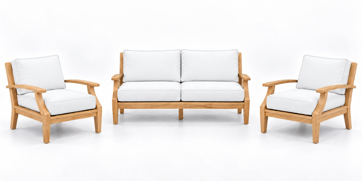 Mila Teak Outdoor Lounge Set – 3 Piece in Olefin White | Jr's Patio San Diego