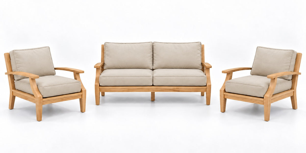 Mila Teak Outdoor Lounge Set – 3 Piece in Olefin Beige | Jr's Patio San Diego