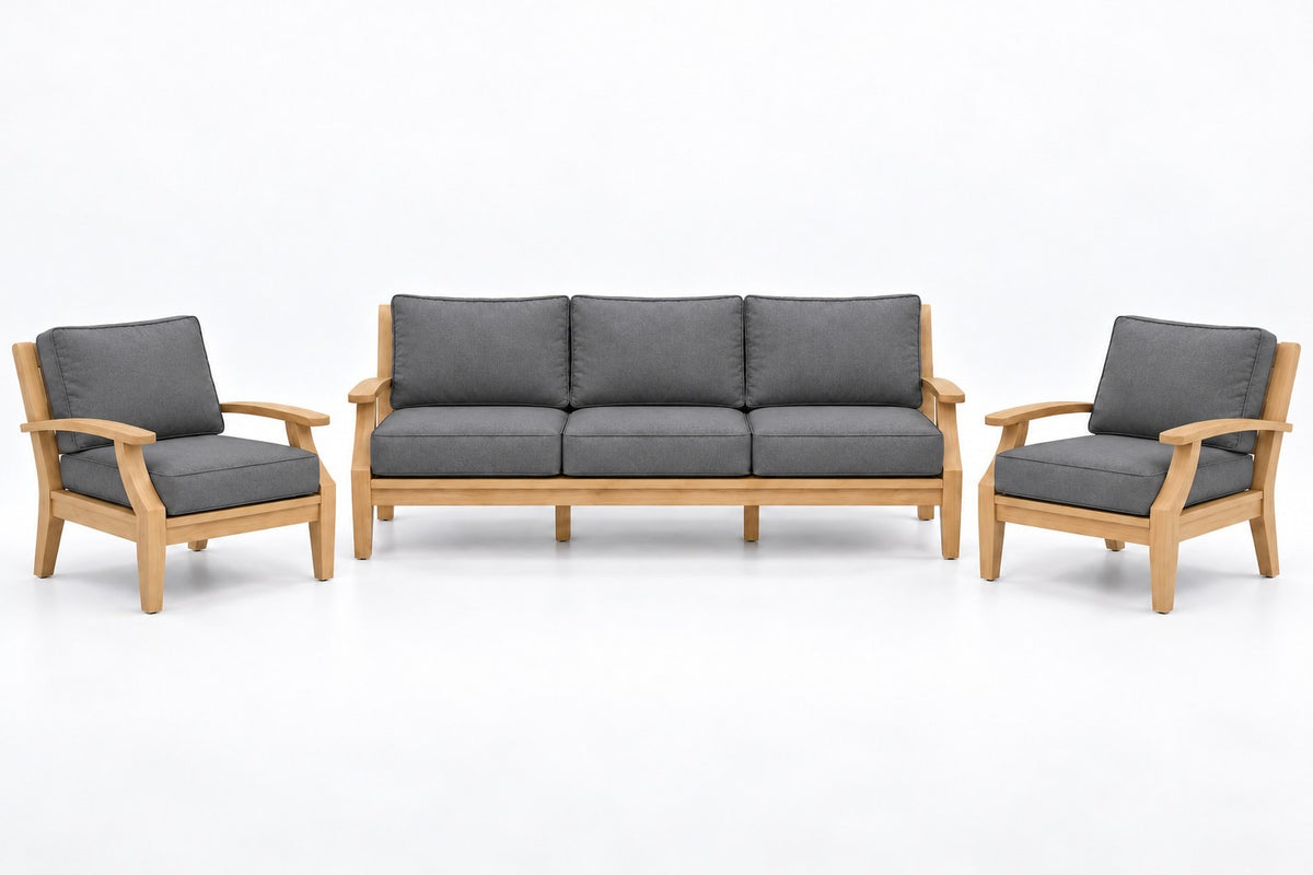 Mila Teak Outdoor Sofa Chat Set – 3 Piece in Sunbrella 40434 Cast Slate | Jr's Patio San Diego