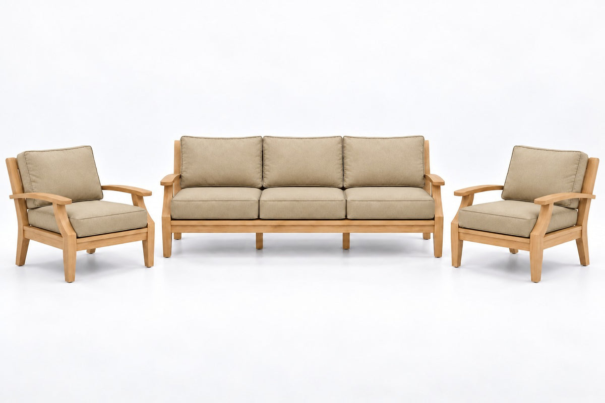 Mila Teak Outdoor Sofa Chat Set – 3 Piece in Sunbrella 48019 Spectrum Sand | Jr's Patio San Diego