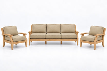 Mila Teak Outdoor Sofa Chat Set – 3 Piece in Sunbrella 48019 Spectrum Sand | Jr's Patio San Diego