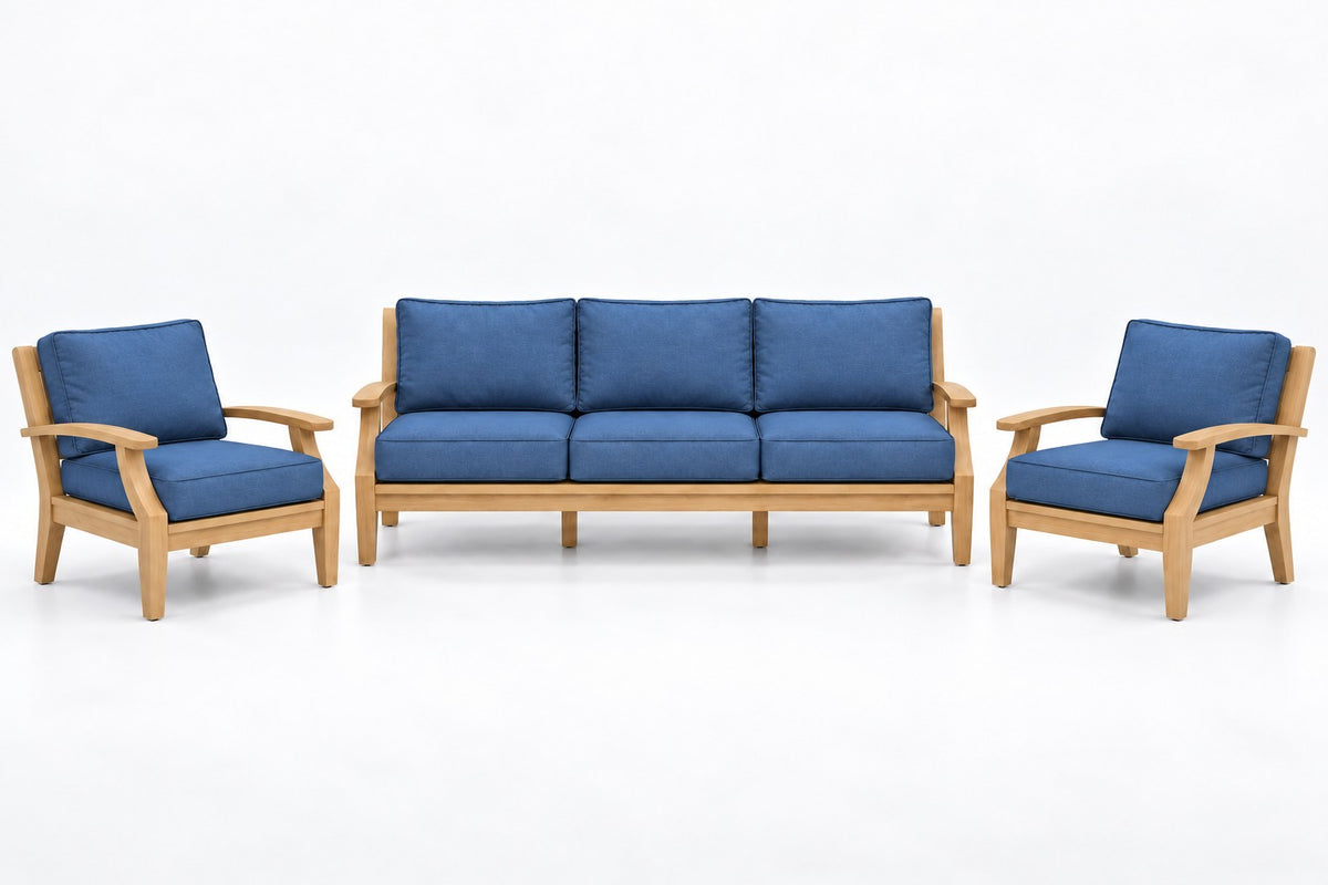 Mila Teak Outdoor Sofa Chat Set – 3 Piece in Sunbrella 48080 Spectrum Indigo | Jr's Patio San Diego