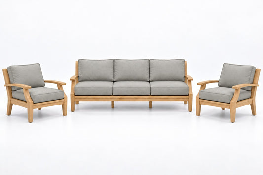 Mila Teak Outdoor Sofa Chat Set – 3 Piece in Sunbrella 5402 Canvas Granite | Jr's Patio San Diego